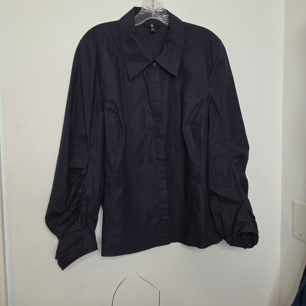 Banana Republic Navy Blue Ruched Sleeve Button Down Shirt Blouse XL